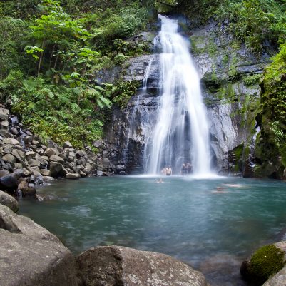 A waterfall cascades into a large pool on Cocos Island, Costa Rica.  Cocos is known for it large shark populations and great scuba diving.; Shutterstock ID 126537887; PO: NG Kids Website; Client: Jay Sumner