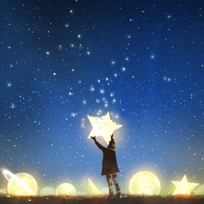 Beautiful,Scenery,Showing,The,Young,Boy,Standing,Among,Glowing,Planets